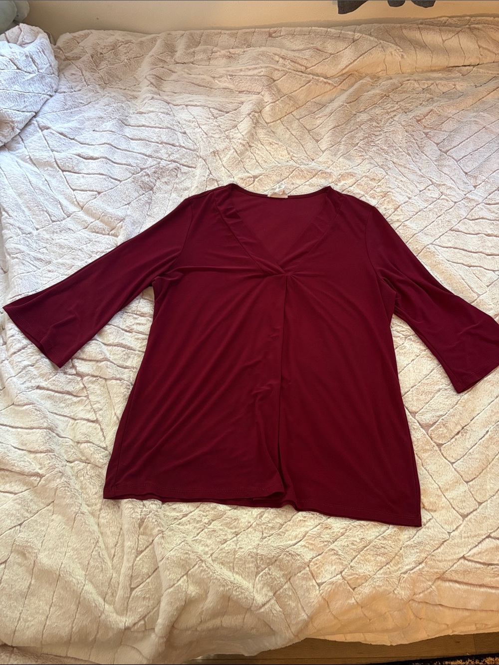 Twist-Front V-Neck Long Sleeve Top - Burgundy